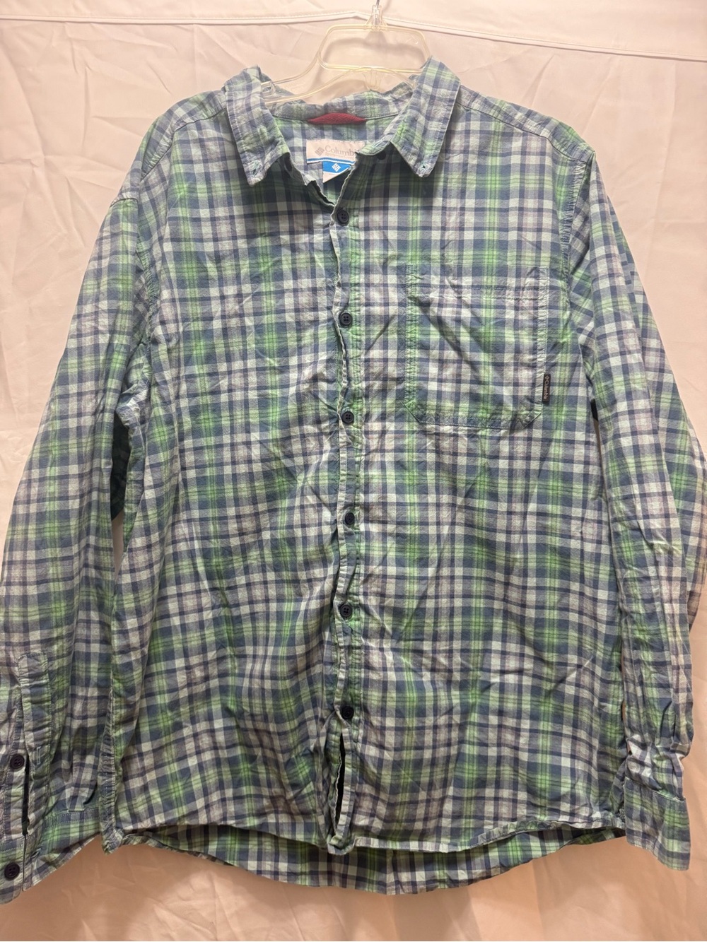 Men's Green and Blue Plaid Long-Sleeve Button-Down Shirt